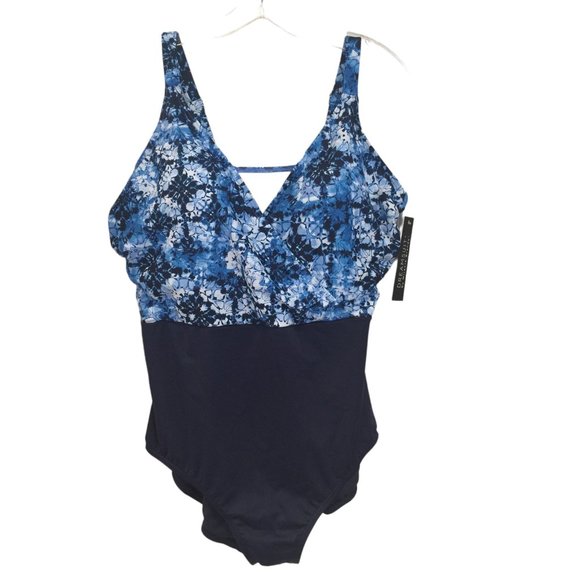 DREAMSUIT by Miracle Brands Women's 22W Blue Multi One Piece Cross Front - Picture 1 of 5